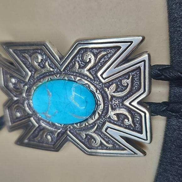 Western Style Silver and Blue Bolo Tie with Turquoise Pendant - Picture 5 of 6